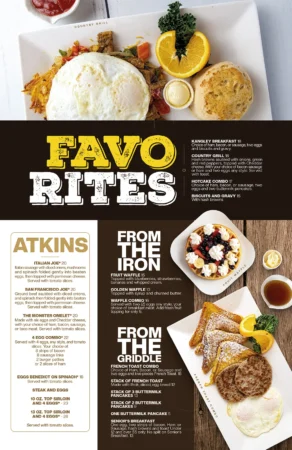 Nikki's printed breakfast favorites menu — Atkins, from the iron and from the griddle