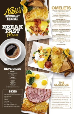 Nikki's printed breakfast menu — omelets, the classics, beverages and sides