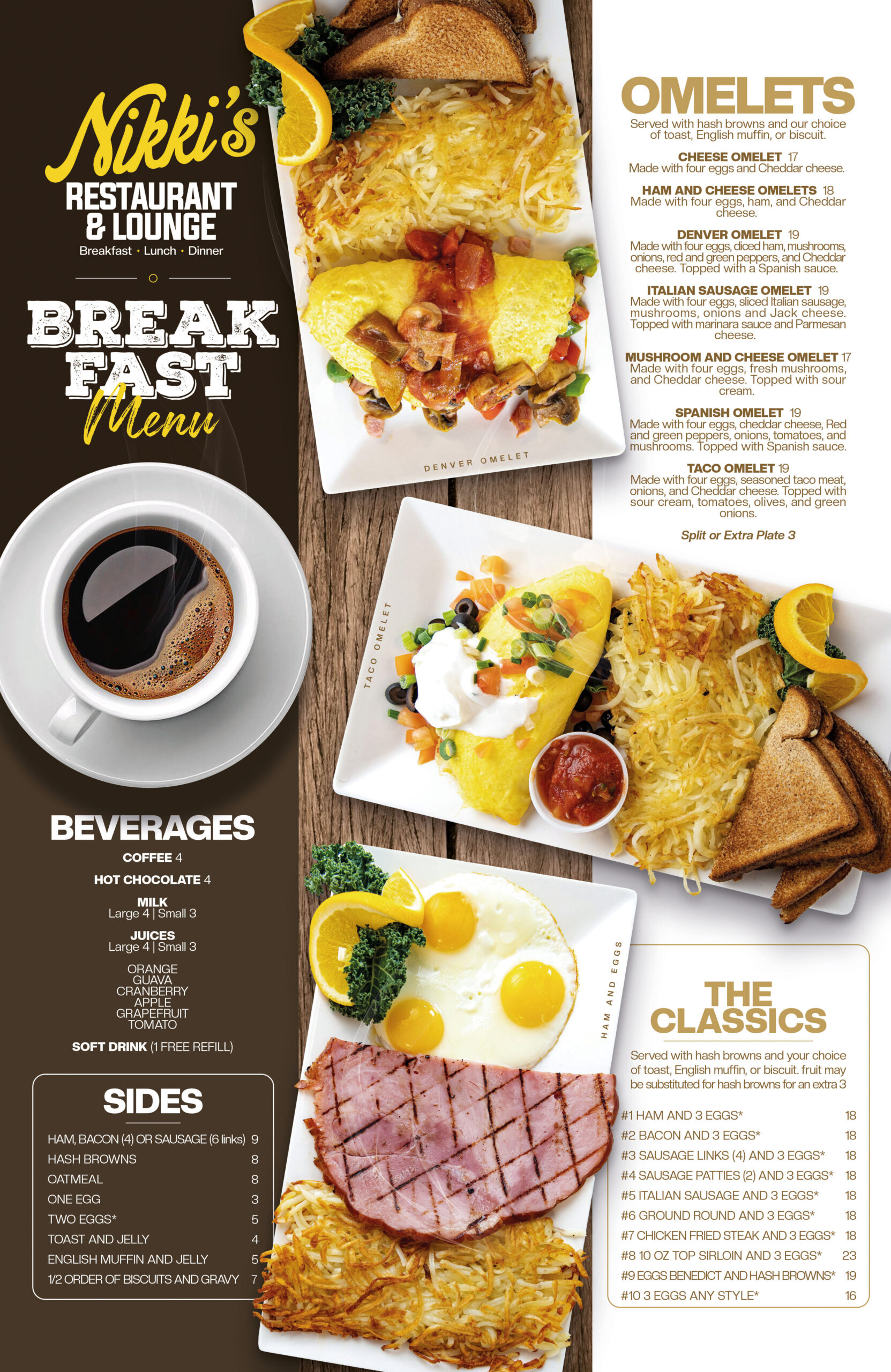 Nikki's printed breakfast menu — omelets, the classics, beverages and sides